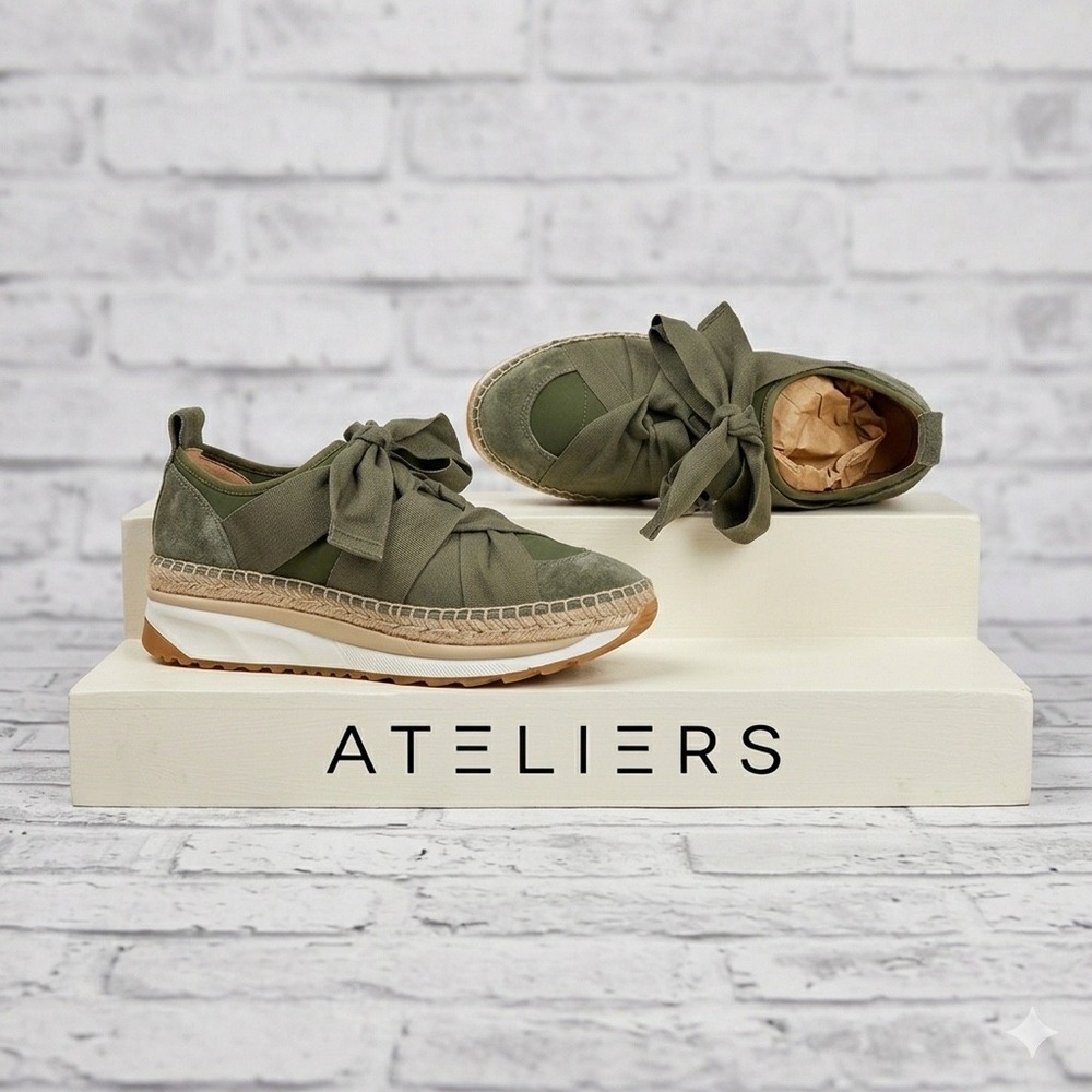 Ateliers Olive Green 💚Suede Espadrille Platform Sneakers Ribbon Bow Spain  39